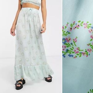 Reclaimed Vintage Skirt ASOS Aqua Green Blue Floral Wreath Satin Maxi 70s
